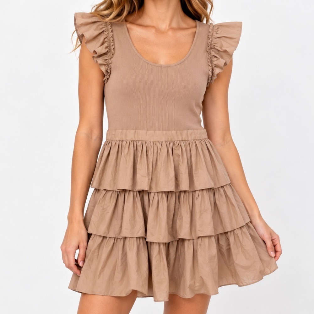 Rachel Parcell Tan Ribbed Ruffle Tiered Mini Dress Size 6 Khaki Nude Scoop Neck